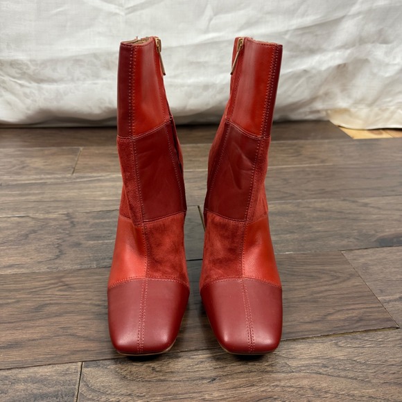Sam Edelman Olina Patchwork Leather Suede Ankle Boots Red Flair Heel Square Toe - Picture 3 of 8